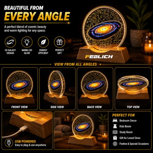 Image of 3D Acrylic LED Night Light - Warm White & Saturn Space Design with Durable Plastic Base, Decorative Table Lamp for Bedroom, Living Room, Kids Room, Study & Home Decor Gifting