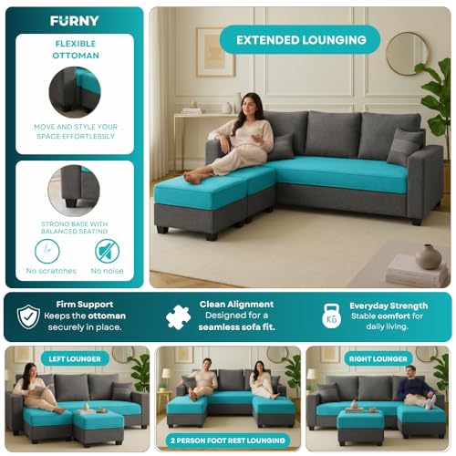 Image of FURNY Oreoy 5 Seater L Shape Sofa Set with 2 Movable Ottoman | Flexible Left or Right Layout | Plush Velvet Fabric (Aqua Blue-Dark Grey) | Perfect for Living Room, Guest Room & Office