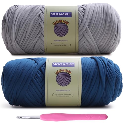 Image of Mooaske 2 Pack T-Shirt Crochet Yarn for DIY Knitting Crochet Cloth Blanket Bag Dolls - 400g Chunky Thick Yarn for Crocheting with Polyester-Spandex Blend Elastic Fabric (Gray+Denim Blue)