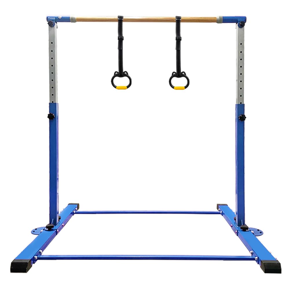 BYBAG Gymnastics Kip Bar,Horizontal Bar with Rings for Kids for Girls,No Wobble Gymnastic Equipment for Home Training,3' to 5' Adjustable Height,Gymnasts 1-4 Levels,300 lbs Weight Capacity
