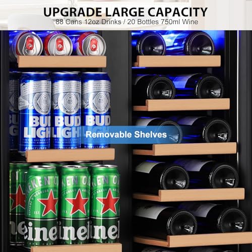 Image of 24 inch Dual Zone Wine & Beverage Refrigerator - Under Counter Cooler with Upgraded Cooling & Blue LED Light, Hold 20 Bottles and 88 Cans Large Capacity Wine Fridge, Built-In or Freestanding - Black