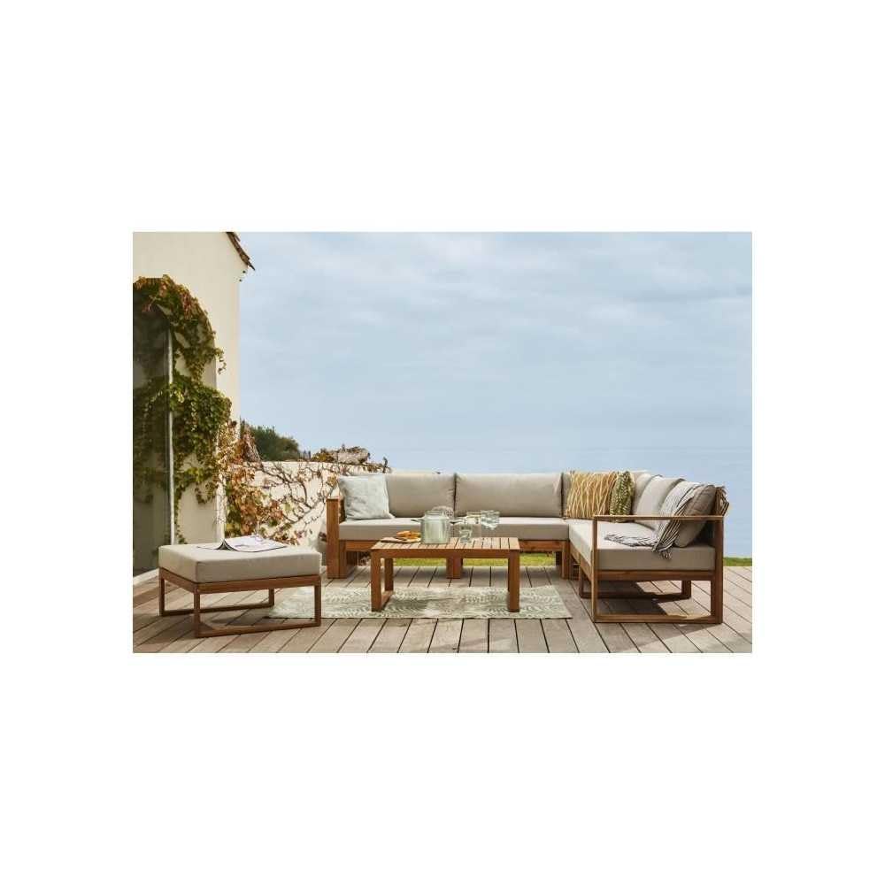 Salon de Jardin LEVATA en Bois dacacia FSC - 6 Personnes avec Ottoman - Coussins Gris et Deux Tons + Housse Incluse