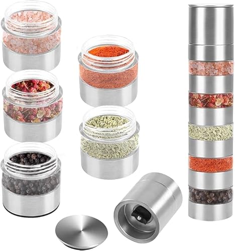 Viitech Mini Salt and Pepper Grinder Set, 5-in-1 Stainless Steel Salt and Pepper Mills, Portable Adjustable Coarseness Salts Pepper Grinder Set for Outdoor Picnic BBQ