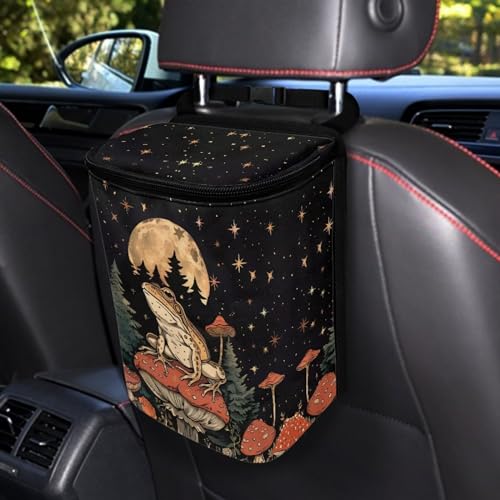 Image of Talayituse Frog Mushroom Print Car Trash Can, Moon Star Design Portable Auto Garbage Bin Multifunctional Vehicle Interior Accessories with Adjustable Straps Universal Fit Truck SUV Sedan