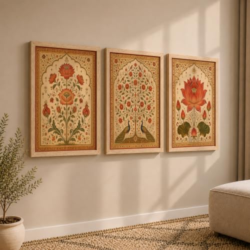 Image of NoWorries Lotus Peacock Wall Art Set of 3 Framed Prints | Indian Traditional Floral Botanical Painting, Royal Rajasthani Lotus Poster, Vintage Ethnic Wall Decor for Living Room Bedroom Home (Synthetic Engineered Wooden Frame) (Synthetic Engineered Wooden Frame) (MIN -9,21x31 inches)