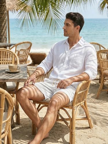 Image of JMIERR Mens 5 inch /7 inch Cotton Linen Lightweight Drawstring Casual Beach Shorts | Regular Fit, Elastic Waist, Beaded, Deep Side Pockets, Leather Patch, Breathable, Summer Vacation Essentials, Cruise Travel