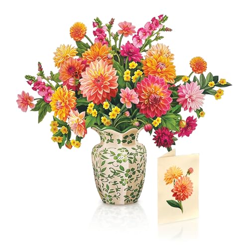 Freshcut Paper Dahlia Sunrise Pop Up Cards, 12 Inch Life Sized Forever Flower Bouquet 3D Popup Greeting Card, Birthday Cards, Valentine's Day Card, Mother's Day Gifts, Blank Notecard & Envelope