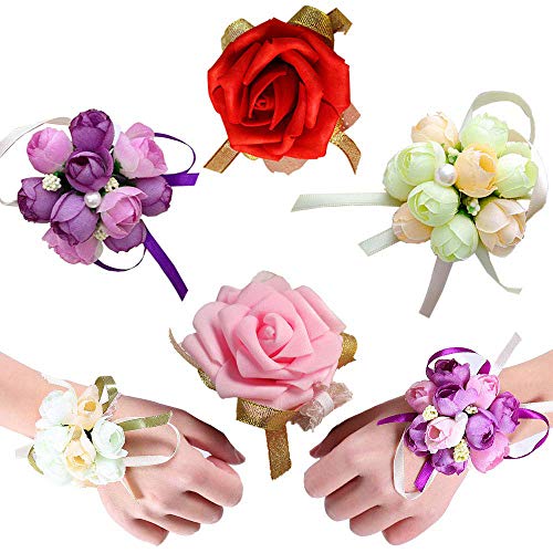 Farrek Paquete de 4 muñequeras de Flores para Dama de Honor, con Flores Artificiales, Lirios, Rosas, champán, Morado, Rosa, Boda, Fiesta, Festival, Celebraciones, Cinta de muñeca