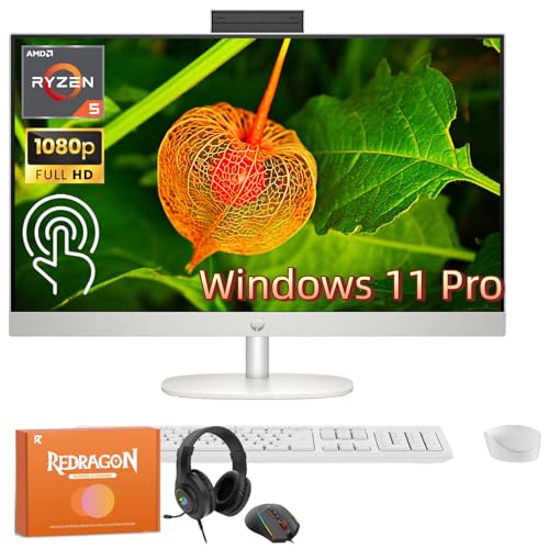 Image of HP All in One Desktop Computer 27 Inch, AMD Ryzen 5 7520U, AMD Radeon Graphics, 16GB DDR5, 2TB SSD, FHD (1920 x 1080) Anti-glare Touchscreen, Wi-Fi 6, Windows 11 Pro, Headphone and Mouse Accessory Kit