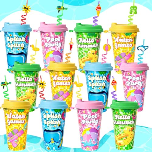 FZR Legend 24 Pack Pool Summer Party Favors Cups with Straws and Lids Reusable Plastic Summer Cups for Kids Hawaiian Luau Beach Birthday Themed Drinkware Decorations Supplies