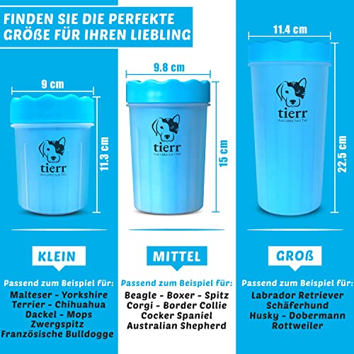 tierr Pfotenreiniger für Hunde | Entfernt Schmutz von Hundepfoten | Gründliche Reinigung mit weicher Bürste | spülmaschinenfest (Blau, Größe M + Krallenschere)