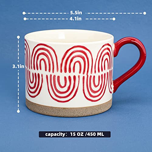 Sxdgs Hand Painted Ceramic Coffee Cups With Handles, Glazed Stoneware Mugs For Tea, 15 Oz Hot Or Cold Drinks,Thanksgiving, Christmas，Best Gifts For Birthday,Mug (Red Wave) #TOP6