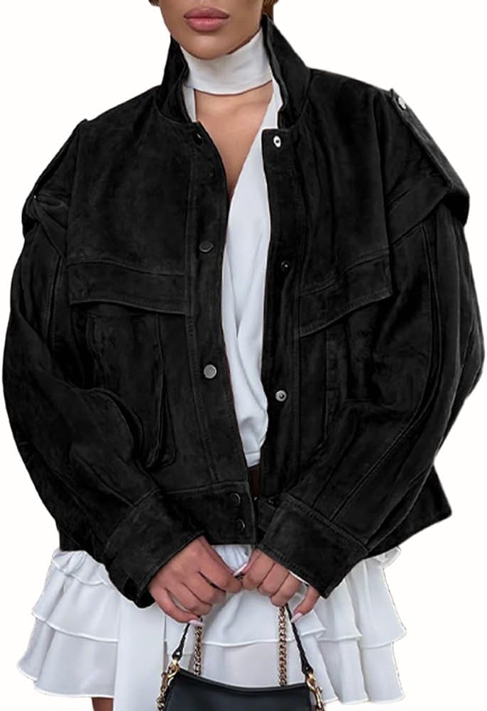 chouyatou Women's Fall Boyfriend Faux Suede Leather Jacket Oversized Business Casual Button Down Coat