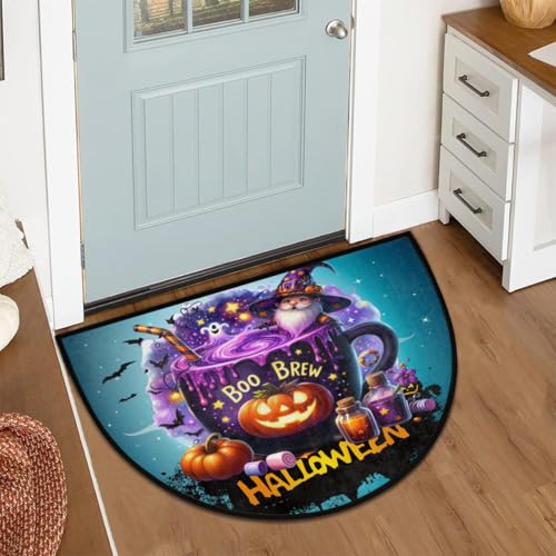 Image of Half Round Door Mat Halloween Potion Goblin Pumpkin Non-Slip Semi Circle Area Rug Washable Half Moon Hearth Rugs for Indoor Outdoor Bathroom Kitchen Patio Runner Mat Laundry Room Home Decoration