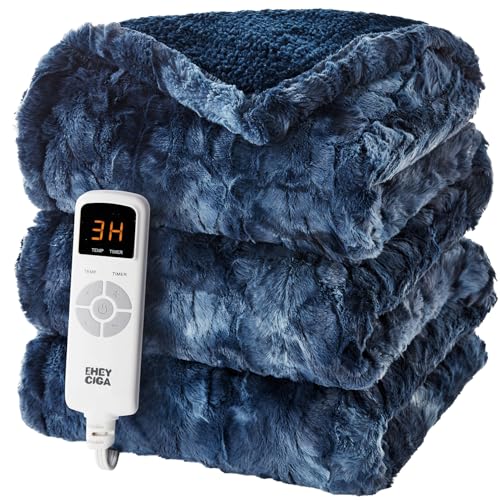 EHEYCIGA Electric Heated Blanket Throw Faux Fur, 10 Hours Auto Shut Off 9 Heating Levels Heating Blanket Throw, Soft Warm Heated Blanket Fast Heating Navy Blue, Faux Fur & Sherpa