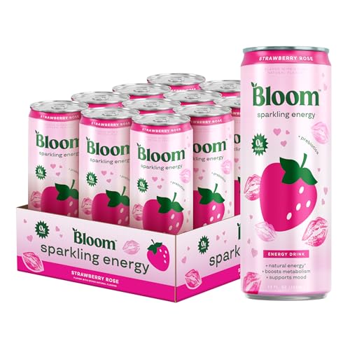 Image of Bloom Nutrition Sparkling Energy Drink - Natural Caffeine, Zero Sugar, 180mg Caffeine - Antioxidant-Rich with Green Coffee Bean, Green Tea Extract, Prebiotics - Strawberry Rose - 12 oz (12 Pack)