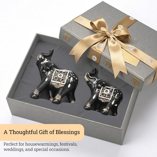 Image of Kuber Industries Set of 2 Elephant Figurines Idol for Home Decor | 6x5.5 Inch Resin Vastu Wealth, Prosperity Gift for Diwali & Housewarming | Black & Golden