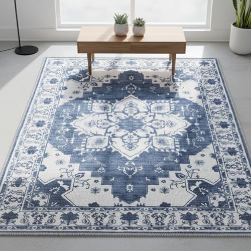 Muddy Mat® Navybell 6ft x 9ft Washable Muddy Carpet for Living Room, Bedroom & Dining Room – Modern Soft Low Pile Non Slip Carpet – Pet Friendly Waterproof Foldable Area Rugs for Home