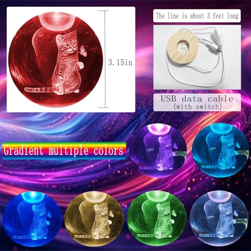 Image of 3D Crystal Ball 3.15 inch / Wooden USB Switch Base with LED Gradient Color Lights /Cat Lover Gift Women's 3D Crystal Ball Theme Gift,Christmas