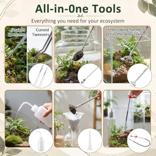 Shimeyao 7 Pcs Terrarium Tools Set Includes Long Aquarium Tweezers, Telescoping Rake, Telescoping Spoon, Claw Pickup Tool, Squeeze Plant Watering Bottle, Long-Neck Terrarium Funnel for Aquascape - Image 3