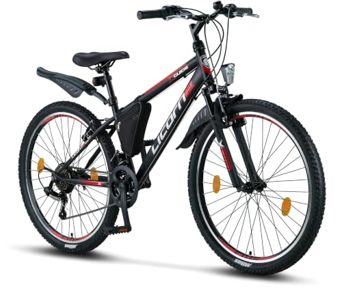 Image of Licorne Bike Effect Premium Mountain Bike 26 Inch Wheels Black, Red & Grey, Bicycle for Boys, Girls, Men and Women, 21 Gear Speed, Front Suspension
