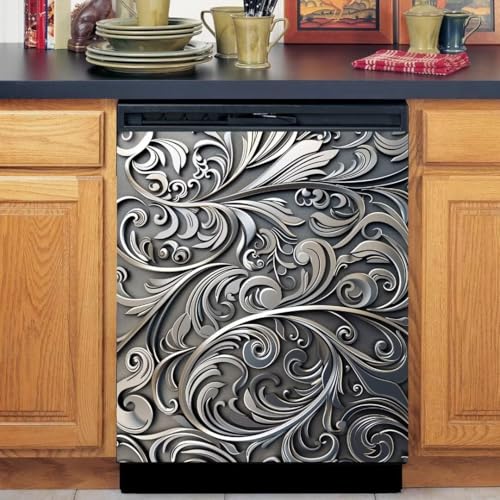 Black Vines Magnetic Dishwasher Cover,Fridge Door Cover Magnetic,Stainless Steel Wave Flower Pattern Dishwasher Magnets Art Skin Panel Decal,Home Decor Decal,Vinyl Sticker,Easy Update,23Wx26H Inches
