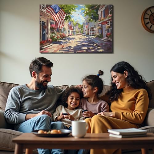 Image of Framed Patriotic Small Town USA Wall Art, American Flag Street Canvas Art Pictures, Vintage Main Street Wall Decor for Living Room Entryway Dining Room, Ready to Hang Made in USA