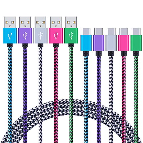 Type C Charger Cable, 5-Pack 6FT Nylon Braided USB A to USB C Fast Charging Cord for Samsung Galaxy S25 S24 S23 S22 S21 S20 A17 A16 Z Filp7 Z Fold7,iPhone Air 17 16 15 Pro Max,Google Pixel 10 9 Pro XL