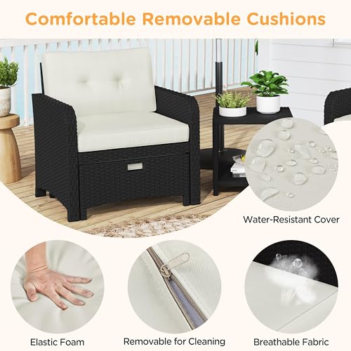 Yaheetech 5 Piece Patio Conversation Set with Ottomans, PE Wicker Balcony Furniture, Rattan Lounge Sofa with Cushions & Pillows, 2 Chairs & Side Table for Backyard, Porch, Garden, Black/Beige - Image 5
