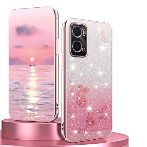 BORYA Silicone Cover per OPPO A76 4G / OPPO A96 4G, Ultra Sottile Antiurto Morbida TPU Custodia, Placcatura Elegante Brillante Diamante Fiori Caso con Gradiente Carta, Rosa