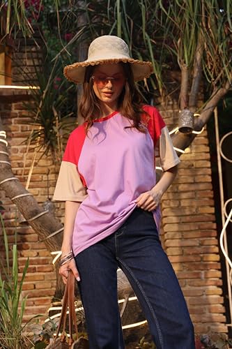 Image of London Hills Women's Drop Shoulder T-Shirt | Graphic Print Colorblock Half Sleeve Cotton T-Shirt | Casual Round Neck Top Soft Breathable Fabric | Regular Fit Stylish Tshirt