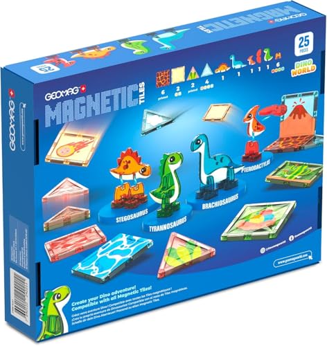 Image of Magnetic Tiles for Kids Ages 4-8, 25 Piece Dinosaur Building Blocks Set with T-Rex & Stegosaurus, Magnet Toys for Toddlers & Preschoolers - Educational Construction Toy Magnetic Building Sets Tiles