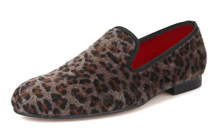 Santimon Men's Slip On Shoes Velvet Penny Loafers - Luxury Leopard Print & Two-Tone Design Suede Moccasins for Wedding & Smoking Party