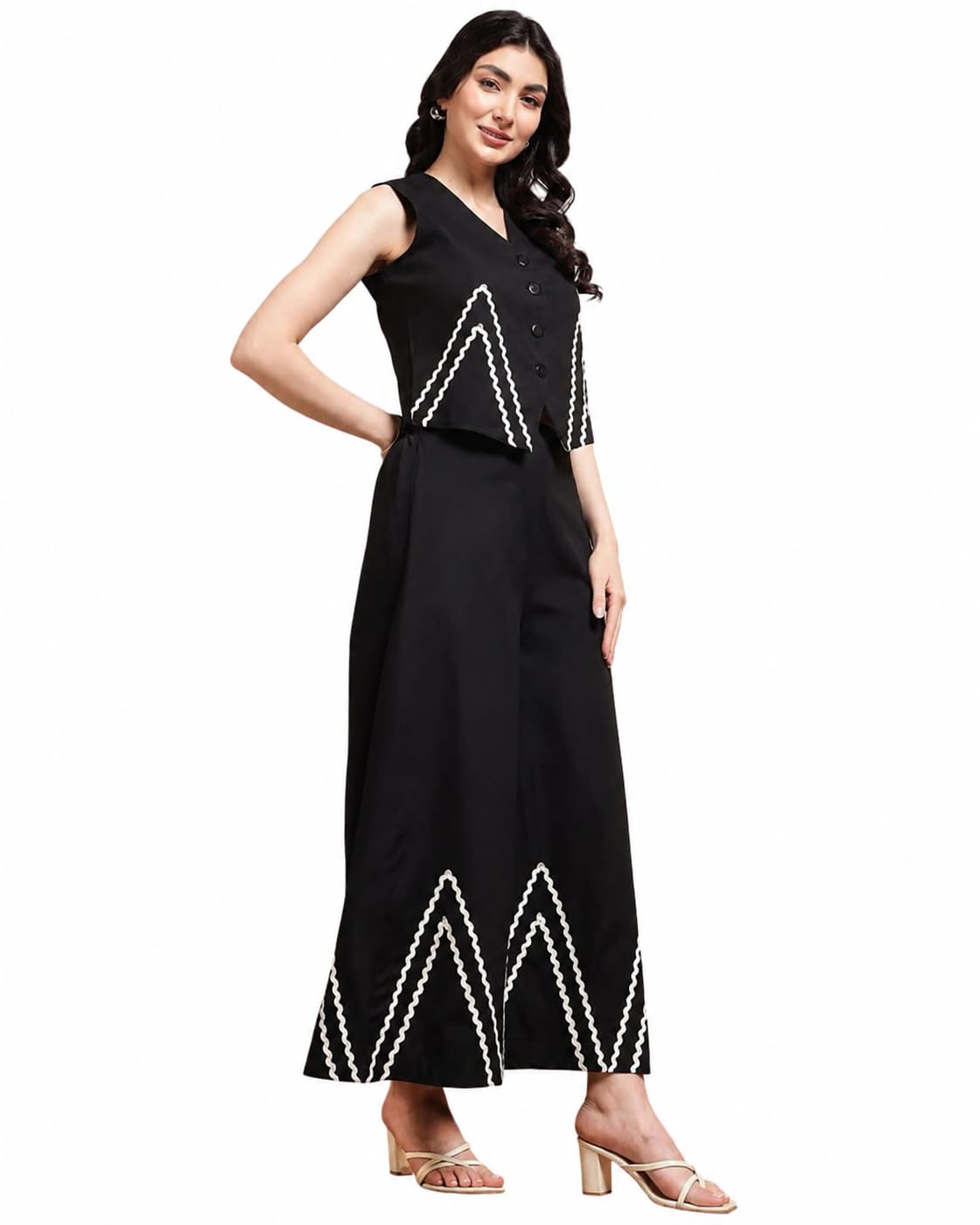 anokhi vastra Women's Cotton Slub Indo Western Co-Ord Set with White Zigzag Lace | Sleeveless Waistcoat & Wide Leg Palazzo Set | Casual, Festive & regular Wear-picture-44