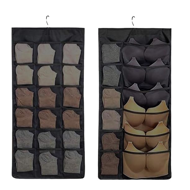 KHANAK 30 Pockets Double Sided Clear Hanging Bag Underwear Bra Socks Hanger Storage Organizer Wall Hanging Closet Shelves Storage Pockets (Black, Pack 1)-image-41