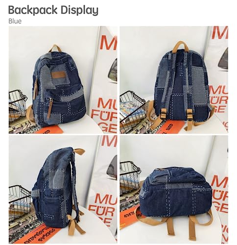 JHTPSLR Denim Patch Preppy Backpack Vintage Aesthetic Cowboy Street Book Bag Blue2
