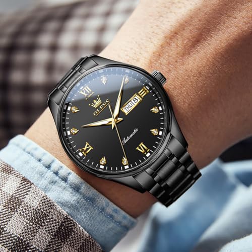 Image of OLEVS Automatic Watches for Men Self Winding Mechanical Classic Diamond Business Luxury Dress Stainless Steel Waterproof Calendar Mens Watch