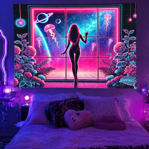 Image of BlissYard Sexy Girl Blacklight Tapestry Background Luminous Poster Jellyfish UV Tapestry for Bedroom Wall Decor Living Room Art Room Party Backdrop Decoration 78x59 Inch