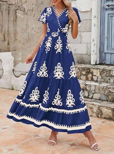 Image of PRETTYGARDEN Womens 2026 Summer Casual V Neck Boho Maxi Dress Flowy Aline Bell Sleeve Tiered Floral Dresses with Pocket