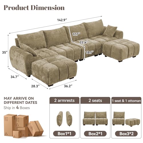 Image of 143 inch Oversized U Shaped Couch, Large Chenille Cloud Couch with Two Movable Ottomans, Memory Foam and Solid Wood Legs, Mid Century Modern Modular Sectional Couches for Living Room, Tufted Sofa, Brown