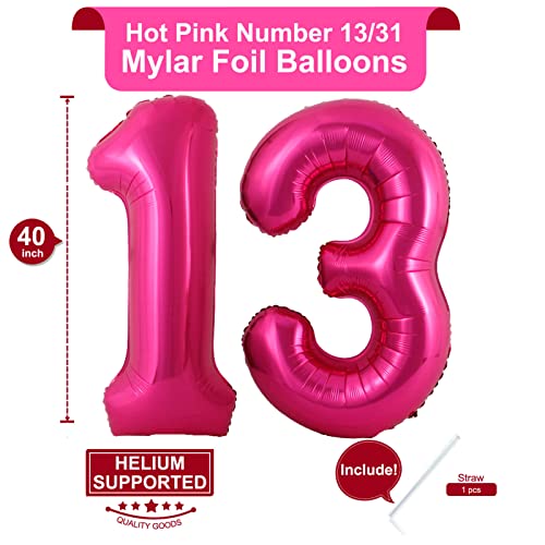 Image of 40 Inch Hot Pink 13 Number Balloons Giant Jumbo Huge 13 or 31 Foil Mylar Helium Number Digital Balloons Dark Pink Birthday Mylar Digital Balloons 13th 31st Birthday Anniversary Events Party