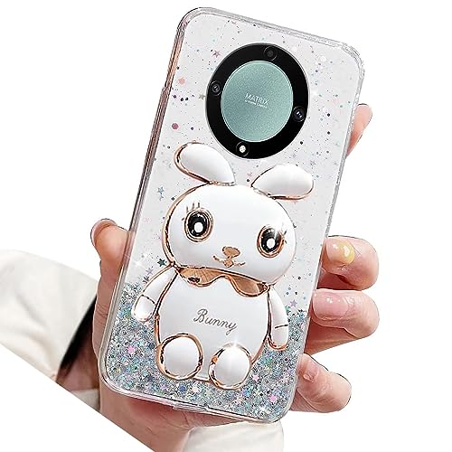 Rnrieyta Miagon Rabbit Glitter Stand Case for Honor Magic 5 Lite 5G,Bling Transparent Soft TPU Protective Slim Shockproof Cover with Cute Bunny Holder Kickstand,Transparent