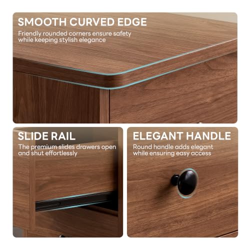 Image of LIKIMIO Nightstand with Charging Station, 3 Drawers Modern for Bedroom | Built-in 2 AC Outlets , Type-C, USB port; spacious storage; side table for living room /bedroom; easy assembly; Walnut
