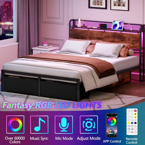 Image of Furnulem Queen Size Bed Frame with Headboard Storage, Platform Bed Frame Queen Size with 2 Drawers, Charging Station and LED Lights, No Box Spring Needed, Noise Free, Easy Assembly (1200 lbs Capacity)