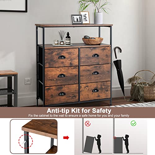 COSTWAY 5/6-Drawer Dresser, Fabric Chest of Drawers Storage Tower with Wooden Top & Front, Metal Frame Cabinet Organiser Unit for Bedroom, Living Room, Closet and Hallway (6 Drawers+Shelf, Brown) - Image 7
