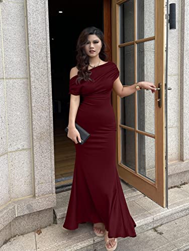 Image of YMDUCH Women's Sleeveless Off Shoulder Long Formal Party Dress | Backless,Stretch,Fitted,Mermaid,One Shoulder,Bodycon,Elegant,Slim,Formal,Solid,Evening,Wedding Guest,Bridesmaid,Maxi
