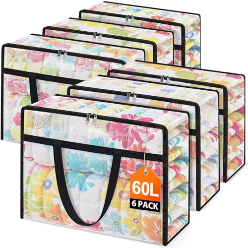 EdenDwell Clear Under Bed Storage Containers - 6 Pack Large Capacity Clothes Storage Bags with Lid & Sturdy Handles, Foldable Moving Bags, Clothing Organizer Totes for Bedding, Comforter, Sheet(60 L)