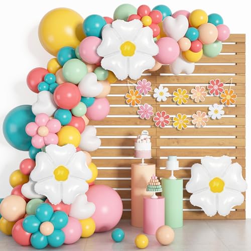 Image of Ouddy Life 161pcs Daisy Baby in Bloom Balloon Arch Kit, Groovy Party Decor | Pastel Pink Yellow Orange Blue Green Balloons Daisy Banner for Baby Shower Groovy Boho Birthday Spring Party Decorations