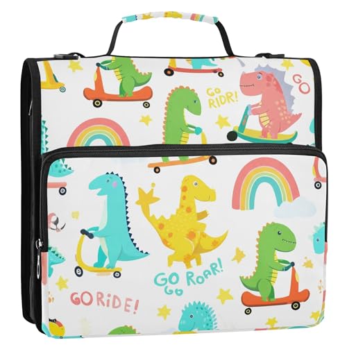 楽しいファスナー付きバインダーオーガナイザー 1 1/2インチ バインダー 3リング かわいい漫画 恐竜 ホワイト ポートフォリオ 500枚収納 ストラップ付きホルダーバインダー ミドルスクールバッグ