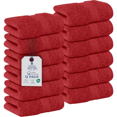 Image of DAN RIVER 12-Pack Premium 100% Cotton Red Face Towels for Bathroom - Reusable Face Wash Cloths for Showering 12x12 Inches - 550 GSM Super Soft & Absorbent Luxury WashCloths for Body, Spa & Gym